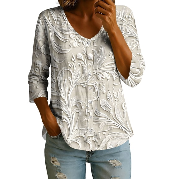 TOUMENY Summer Blouses for Women V Neck Button Down Floral Print 3/4 Sleeve Casual Loose Elegant Tunic Tops L