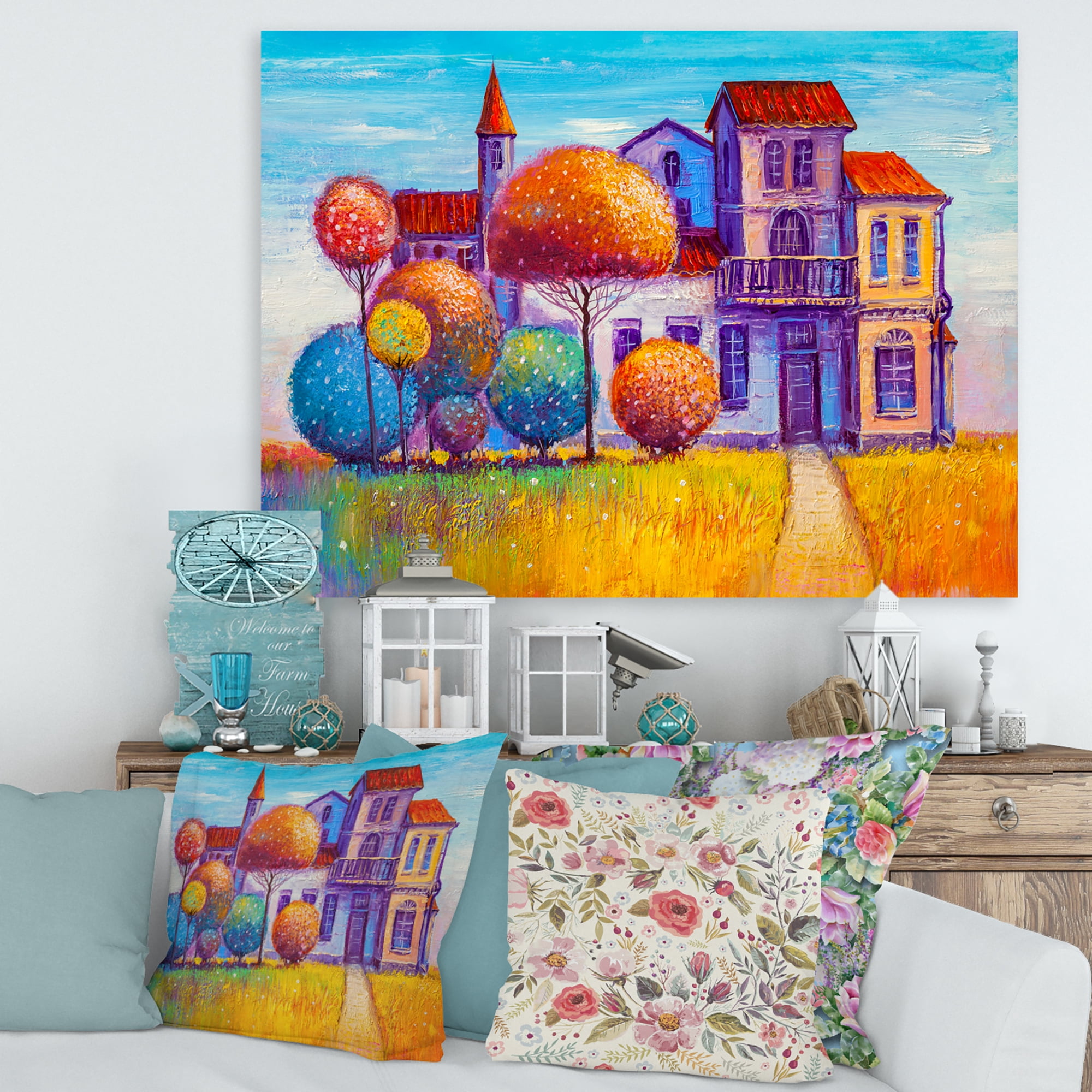Designart ' Abstract Colorful House In The Fairy Tale VIllage ' Traditional Canvas Wall Art Print