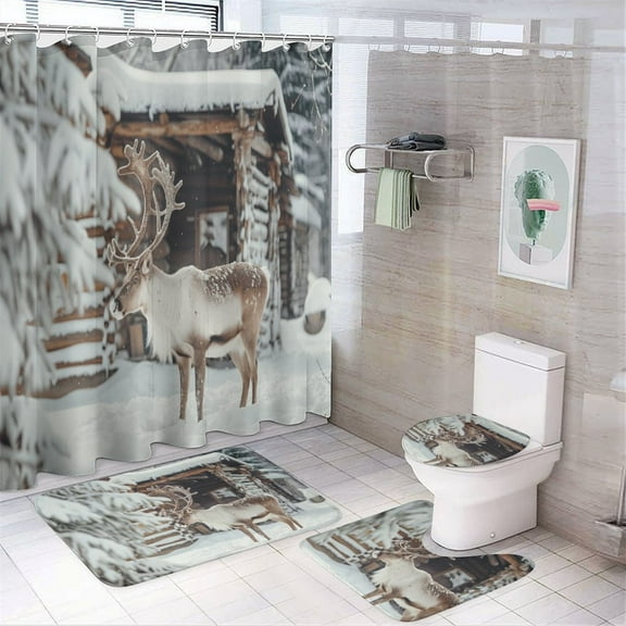 Christmas Elk Theme 4Pcs Shower Curtain Set Shower Curtain Set with Carpet Bath Mat