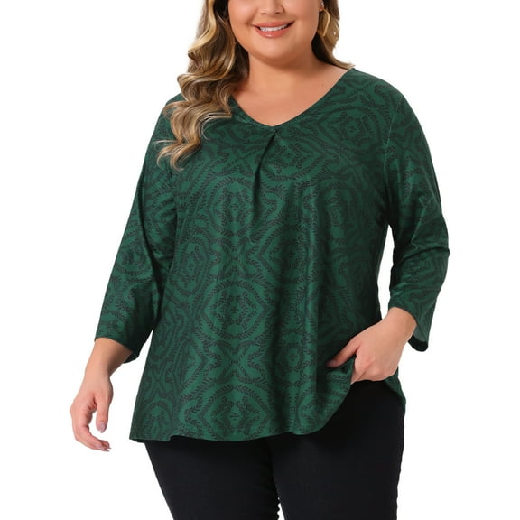 DARING DIVA Women's Plus V Neck 3/4 Sleeve Botanical Print Blouse Tunic Top 1X Dark Green