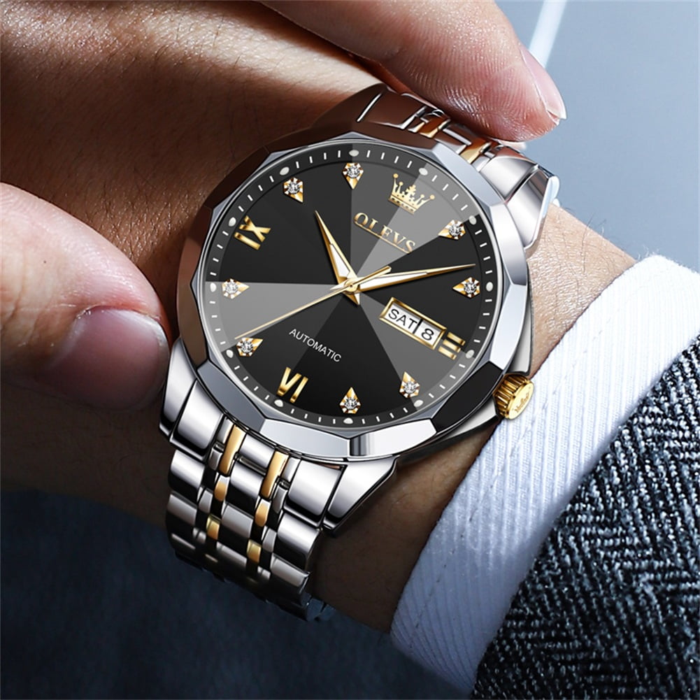 OLEVS Automatic Watches for Men Self Winding Mechanical Luxury Dress Stainless Steel Two Tone Strap Diamond Waterproof Luminous Date Mens Wrist Watches Reloj Para Hombre Black/Blue/Gold/White