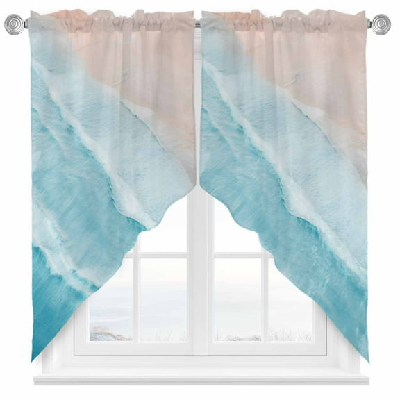 Swag Curtains Valances for Windows, Aqua Blue Coastal Beach Short Kitchen Window Curtains Over Sink, Ocean Sea Water Cafe Curtains Panel Set Of 2,Rod Pocket, 36 Inches Length
