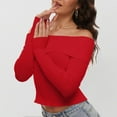 thumbnail image 2 of Women's Pullover Sweater Fall Off Shoulder Long Sleeve Ribbed Knit Fitted Tops Blouse for Casual Wear, 2 of 7