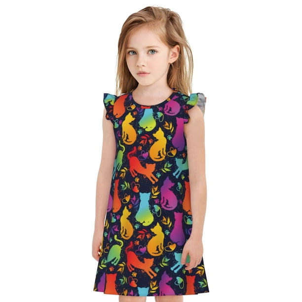 Balery Colorful Cats Camisón de princesa para niñas, pijama de algodón con mangas abullonadas, suave y bonito.-X-Large