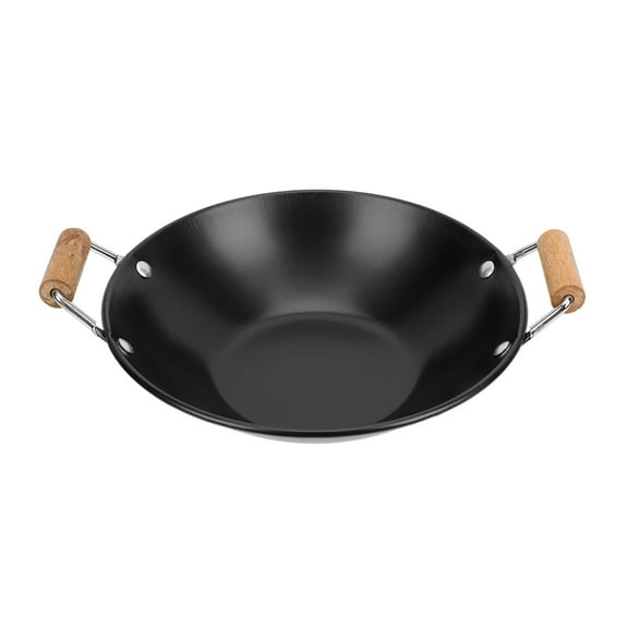 Household Stainless Steel Hot Pot with Wooden Handle, Double Handle Flat Bottom Wok for Camping and Kitchen Cooking