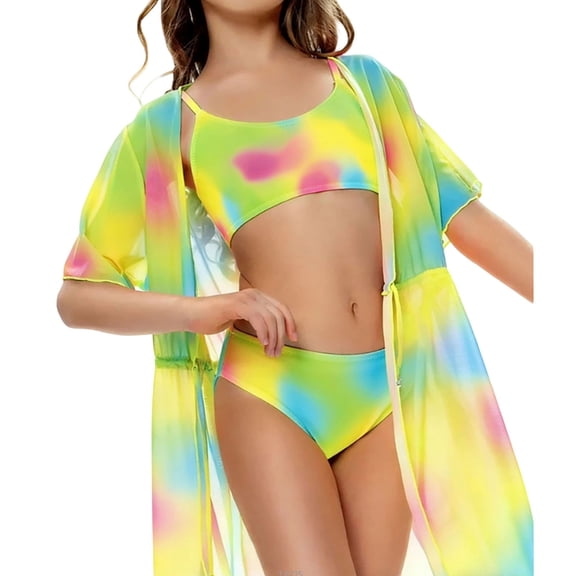 Confree For Girls Summer 3 Piece Swimsuit Graphic Print Bathing Suits Vacation Cute Comfortable Little Girls Swimwear Size 7-8 Years Green