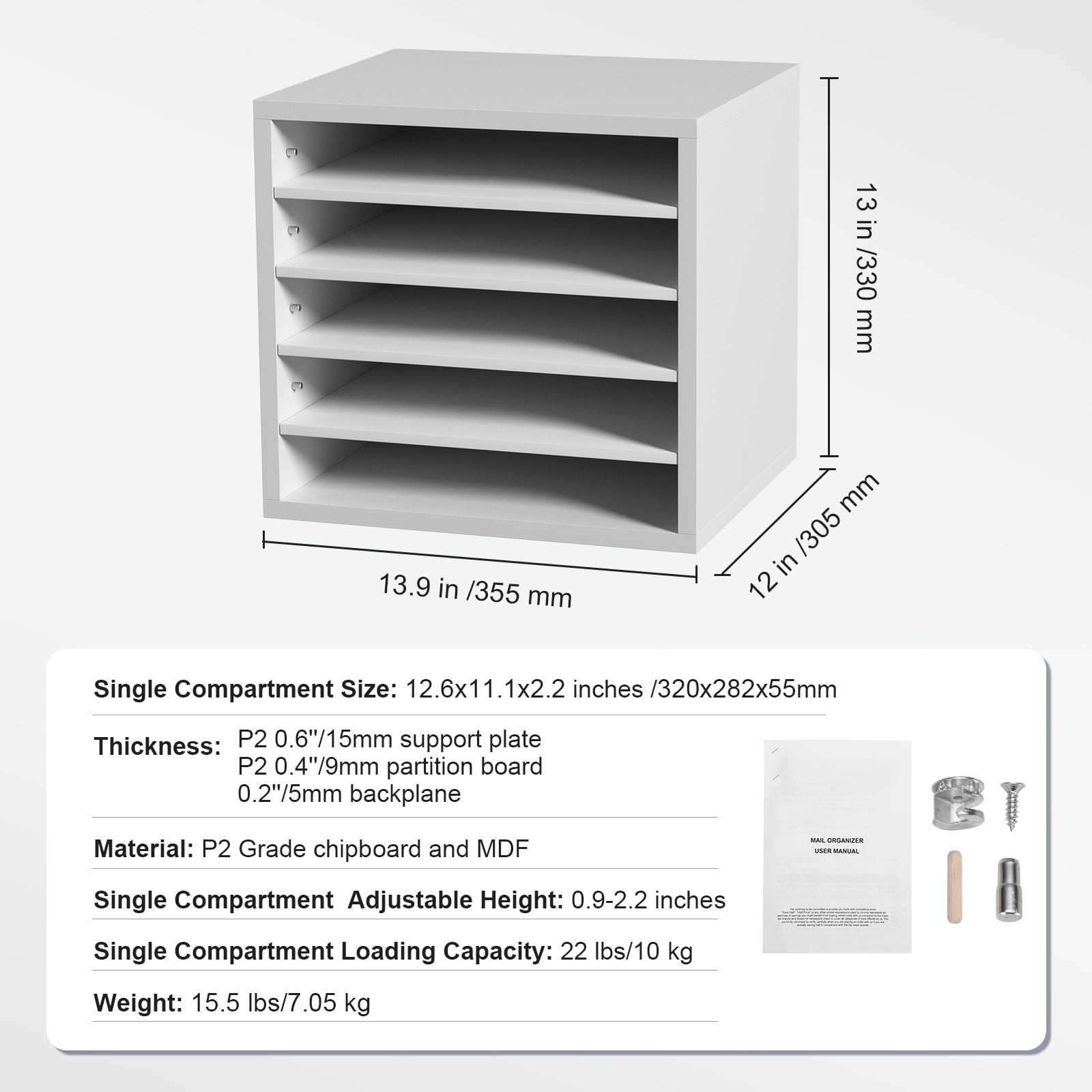 KFFKFF Wood Literature Organizer Adjustable File Sorter 5 Compartments White