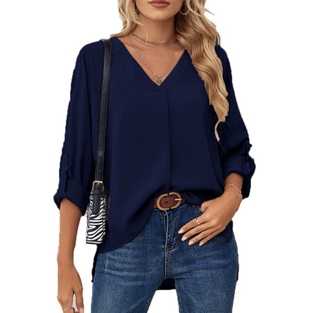 Tops Con Cuello En V, Tops De Moda Para Mujer, Color Puro, Informal, Transpirable, De Manga Larga, Ligeros Para Vacaciones Para Viajar ANGGREK No