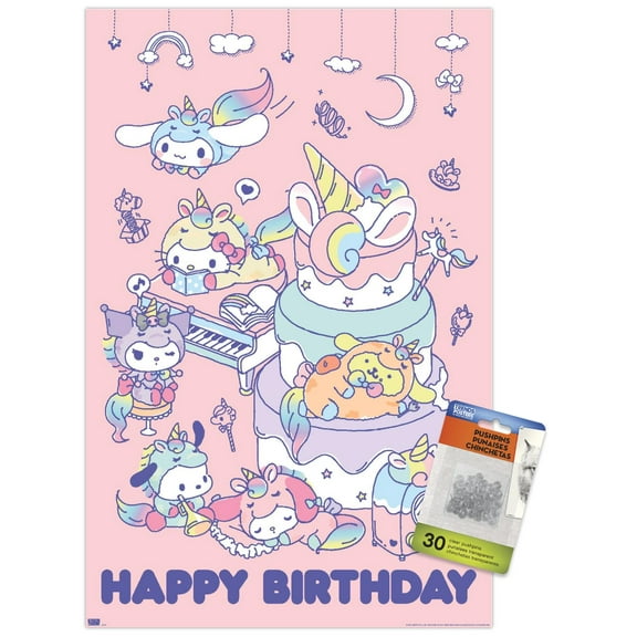 Hello Kitty and Friends - Happy Birthday Wall Poster with Push Pins, 14.725" x 22.375"