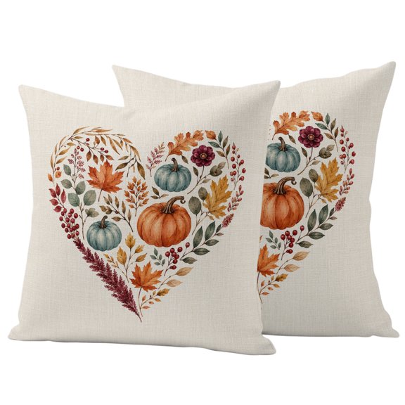 Pumpkins Eucalyptus Fall Outdoor Waterproof Pillow Covers, Love Heart Maple Thanksgiving Decorative Square Throw Pillowcase Sofa Cushion Sham for Patio/Couch/Chair, 20"x20" 2 Pack