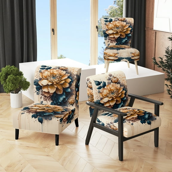 Designart "Tangerine and Deep Sapphire Dahlia IV" Orange Floral & Botanical Upholstered Accent Chair - Traditional Arm Chair For Bedroom