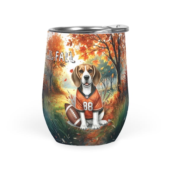 Hello Fall Beagle Football Welcome Autumn with Leaves Pumpkins 12oz Stainless Steel Wine Tumbler Insulated Cup with Lid Beagles Dog Lover Gifts Idea - 00012
