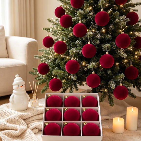 Qwtwty 12 Pcs Shatterproof Velvet Christmas Ornaments Set, Christmas Tree Decoration Ornaments Hanging Ball for Xmas Holiday Indoor Outdoor Party Decor