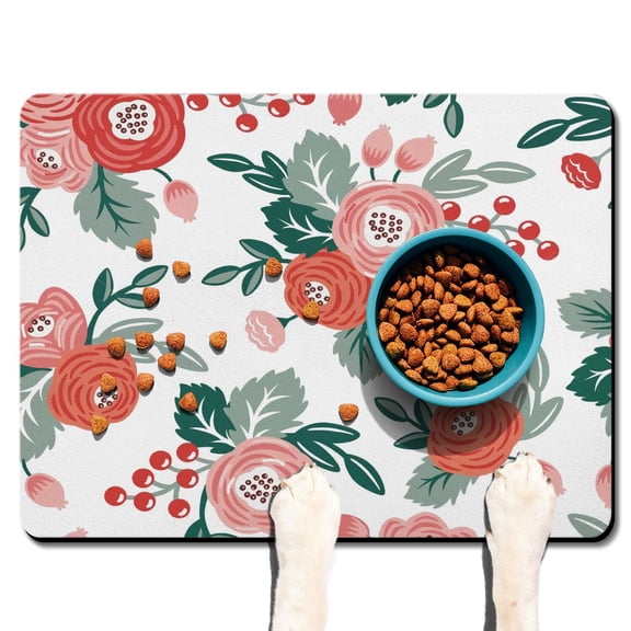 Watercolor Floral Dog Food Mat, Durable Waterproof Absorbent Non-Slip Pet Feeding Mat for Dogs and Cats