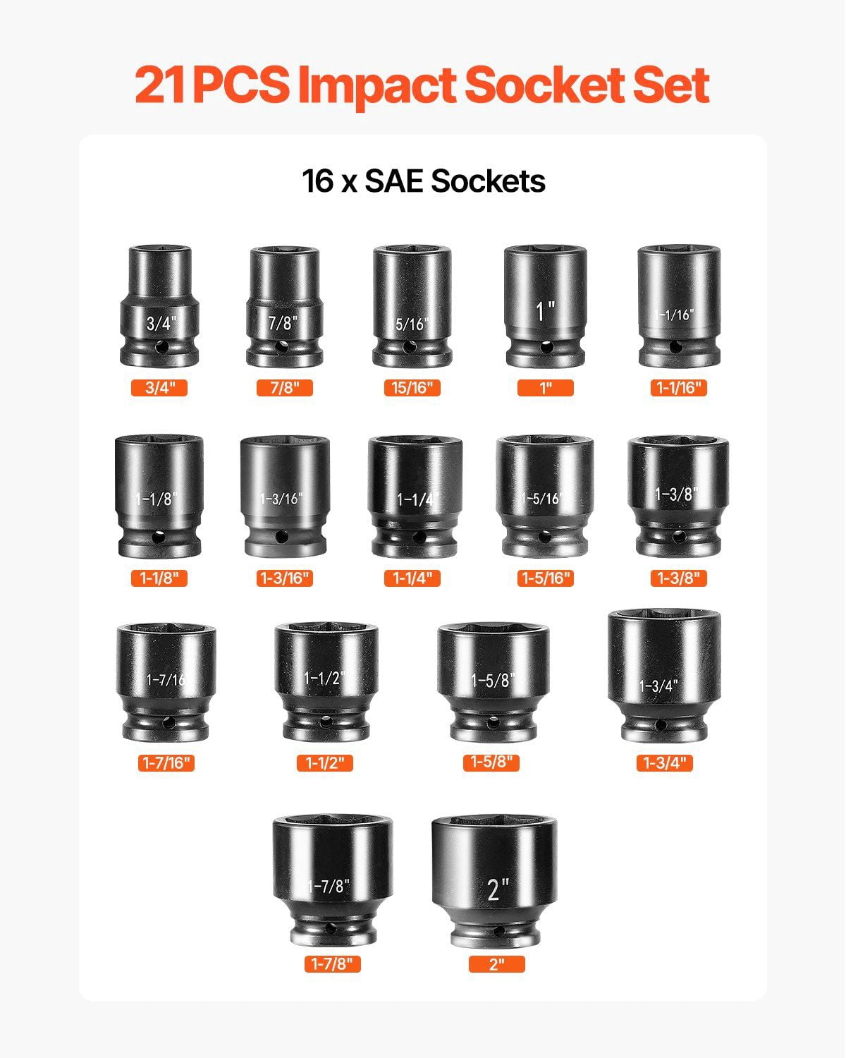 3/4" to 2" SAE Impact Socket Set – 21-Piece, 3/4" Drive, Industrial Strength Cr-Mo