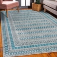 thumbnail image 3 of Tribal Decorative Rug, Retro Weathered Look Circles Grid Stripe Bars on Dark Brown Backdrop Print, Quality Carpet for Bedroom Dorm and Living Room, 6 Sizes, Pale Sky, by Ambesonne, 3 of 4
