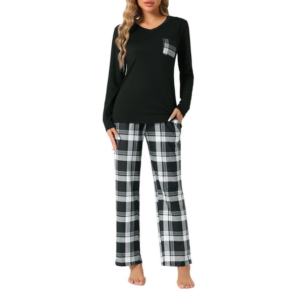 INSPIRE CHIC Women's Pajamas Set Long Sleeve Plaid Soft Pajamas Lounge Sets with Pockets XS Black