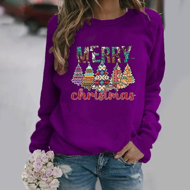 Qertyioot Chandail d'Hiver pour Femme à Imprimé de Noël, Manches Longues, Col Rond, Chaud, Ample, Tendance, Tricoté