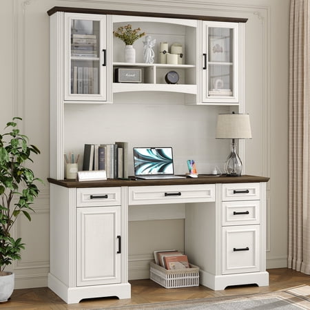 Furnihold Farmhouse 76" Height Executive Desk with Hutch, Office Desk with Charging Station, Drawers and Storage Cabinet, Workstation for Office Home, Brown Tabletop, Off White