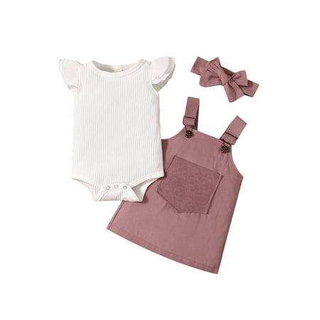 

Frobukio Newborn Baby Girls Outfit Solid Ruffled Long Sleeve Romper Suspender Dress Headband Setss