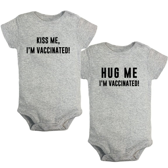 iDzn Pack of 2, Hug Me & Kiss Me I'm Vaccinated Funny Rompers For Babies, Newborn Baby Unisex Bodysuits, Infant Jumpsuits, Toddler 0-24 Months Kids One-Piece Oufits