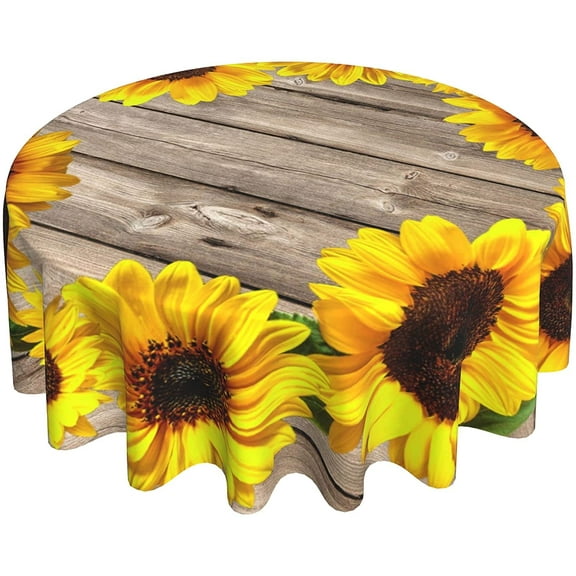 Wood Table Cloth Round 60 Inch, Autumn Sunflower Tablecloth for Round Tables On Rustic Wood Grain Tablecloth Waterproof Washable Round Table Cover Protector for Dining Room Kitchen Indoor Outdoor