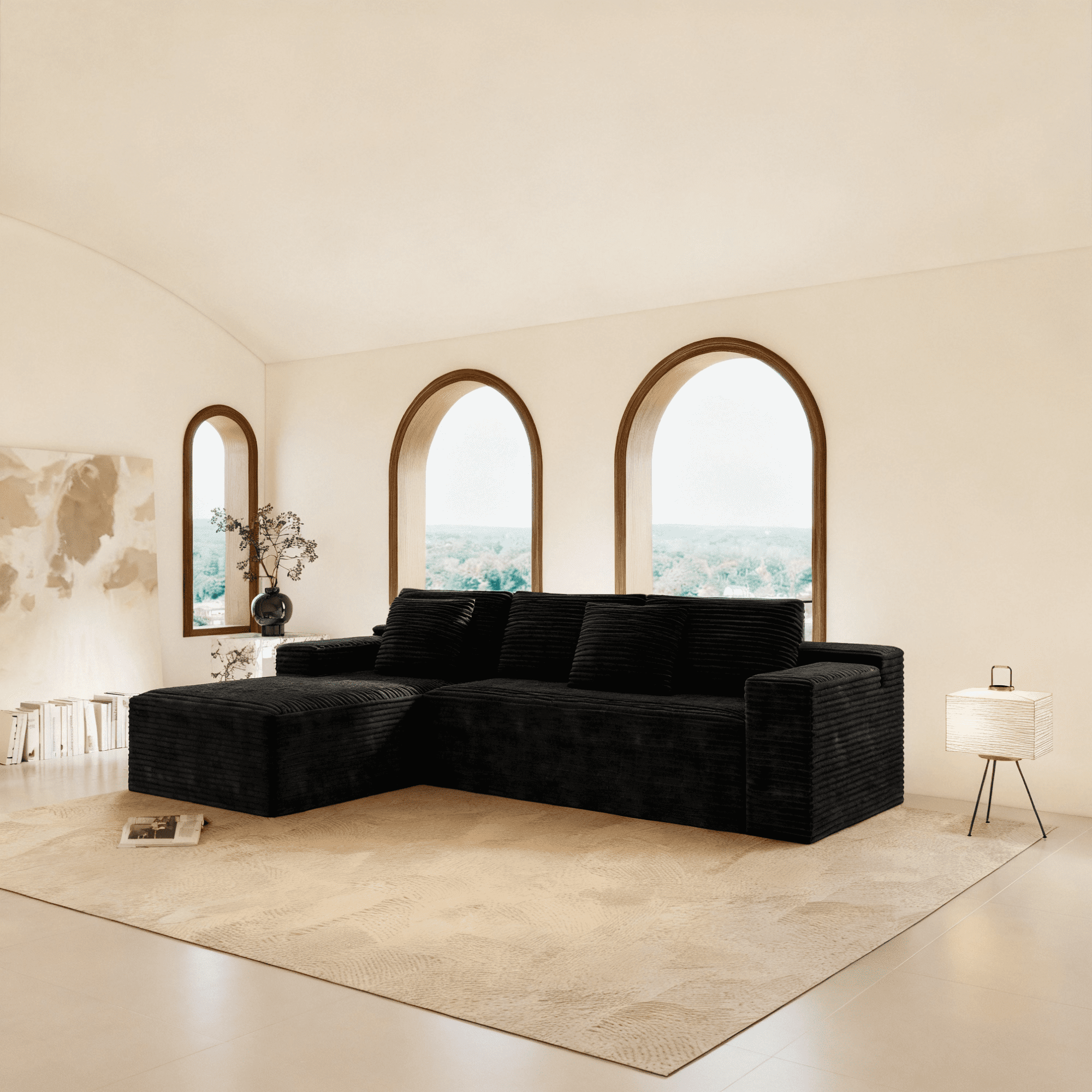 104" Modular Sectional Sofa,Oversized L-Shape Cloud Couch,Modern Corduroy Sleeper Couches Boneless Couches for Living Room,Bedroom,Apartmen,No Assembly Required,Black-Left Chaise