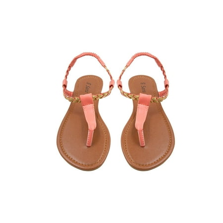 Exotic Ankle Strap - Sara Z Womens T Strap Size Thong Sandal Glitter Braid Ankle Strap Size 7/8 Coral/Gold