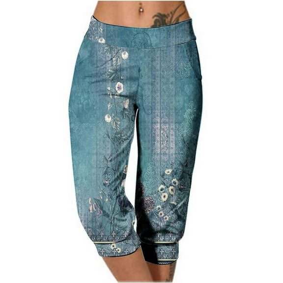 WXLWZYWL Womens Capris Pants for Summer Casual Elastic High Waisted Crop Pants Floral Printed Comfy Travel 2024 Yoga Gym Leggings with Drawstring Cropped Beach Pants