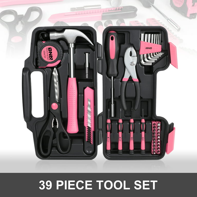 DNA Motoring Tools-00009 Pink 39 PCs Portable TooL Kit Household Hand  Toolbox General Repair Screwdriver Pliers Hammer Hex Set