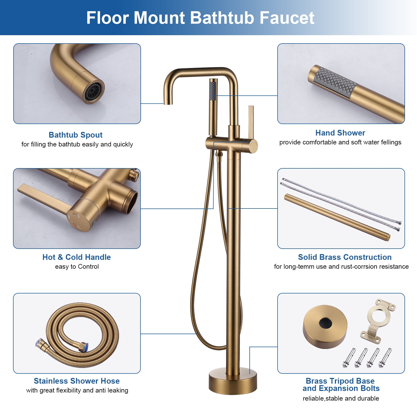 Wowow Single-Handle Freestanding Tub Faucet Floor Mount Bathtub Filler with Hand Shower in Gold