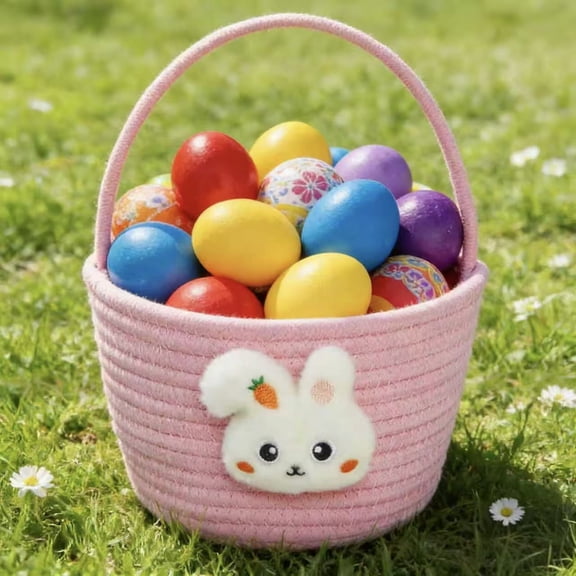 Easter Bunny Basket Empty Egg Basket With Handles, Easter Basket for Kids Woven Cotton Rope Egg Easter Baskets for Girls and Boys