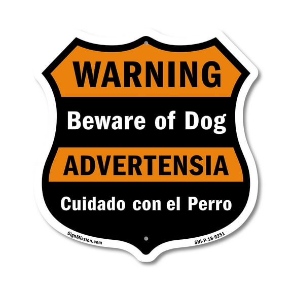 Beware of Dog Bilingual English / Spanish (5 Pack) 12 inch X 12 inch Shield-Shaped Rust-Free Aluminum Metal Signs Weather Resistant Made in the USA