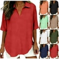 thumbnail image 7 of qucoqpe Summer Linen Tunic Tops for Women Fashion Casual Solid Color Shirts Short Sleeve Pleated V Neck Tee Loose Fit Curved Hem Blouses, 7 of 7