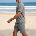 thumbnail image 4 of Men's Beach Clothes 2 Piece Cotton Linen Outfits Sets Casual Short Sleeve Button Down Cuban Guayabera Shirt Yoga Shorts Vacation Suit Summer Big and Tall Size S-3XL Gray, 4 of 6