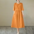 thumbnail image 3 of Efsteb Cotton Linen Dresses for Women Short Sleeve Summer Midi Dress with Pockets Casual Crew Neck Pleated Front Drawstring Tie Waist Vacation Dresses (Orange,XXL), 3 of 9