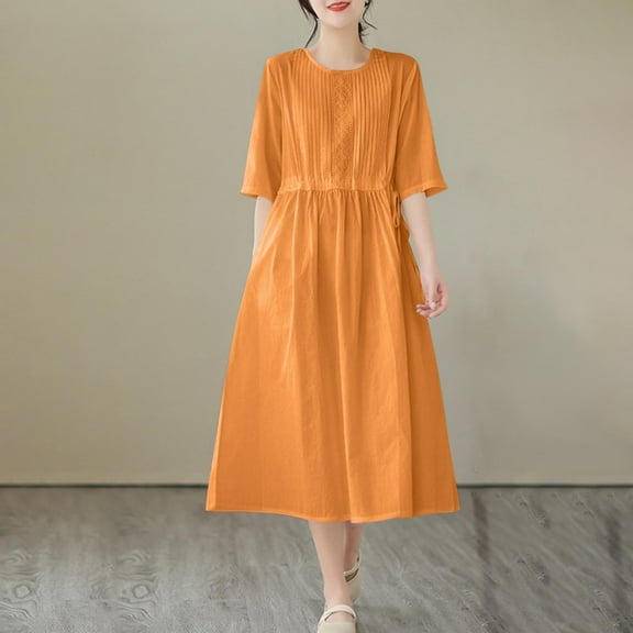 MIANHT Womens Dress Cotton and Linen Solid Color Drop Shoulder Mid-Length Dress Casual Slim Fit Short Sleeve Wrap Sundress