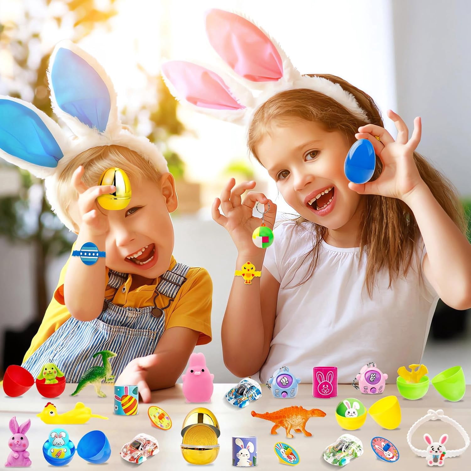 [ 6 Surprise Golden Eggs ] 60Pcs Prefilled Easter Egg with Assorted Toys, Plastic Easter Eggs Fillers for Kids, Basket Stuffers,Egg Hunt Party Favors Classroom Prizes Supplies for Boys Girls