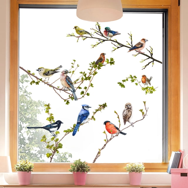 RV Pegatinas de pared de ramas y pájaros, pegatinas de pared de ramas y pájaros para dormitorio, pegatinas de pared de pájaros, pegatinas de pared de pájaros de jardín, paredes de hojas de plantas, decoración de pared de TV para sala de estar oso de fresa Electrónica