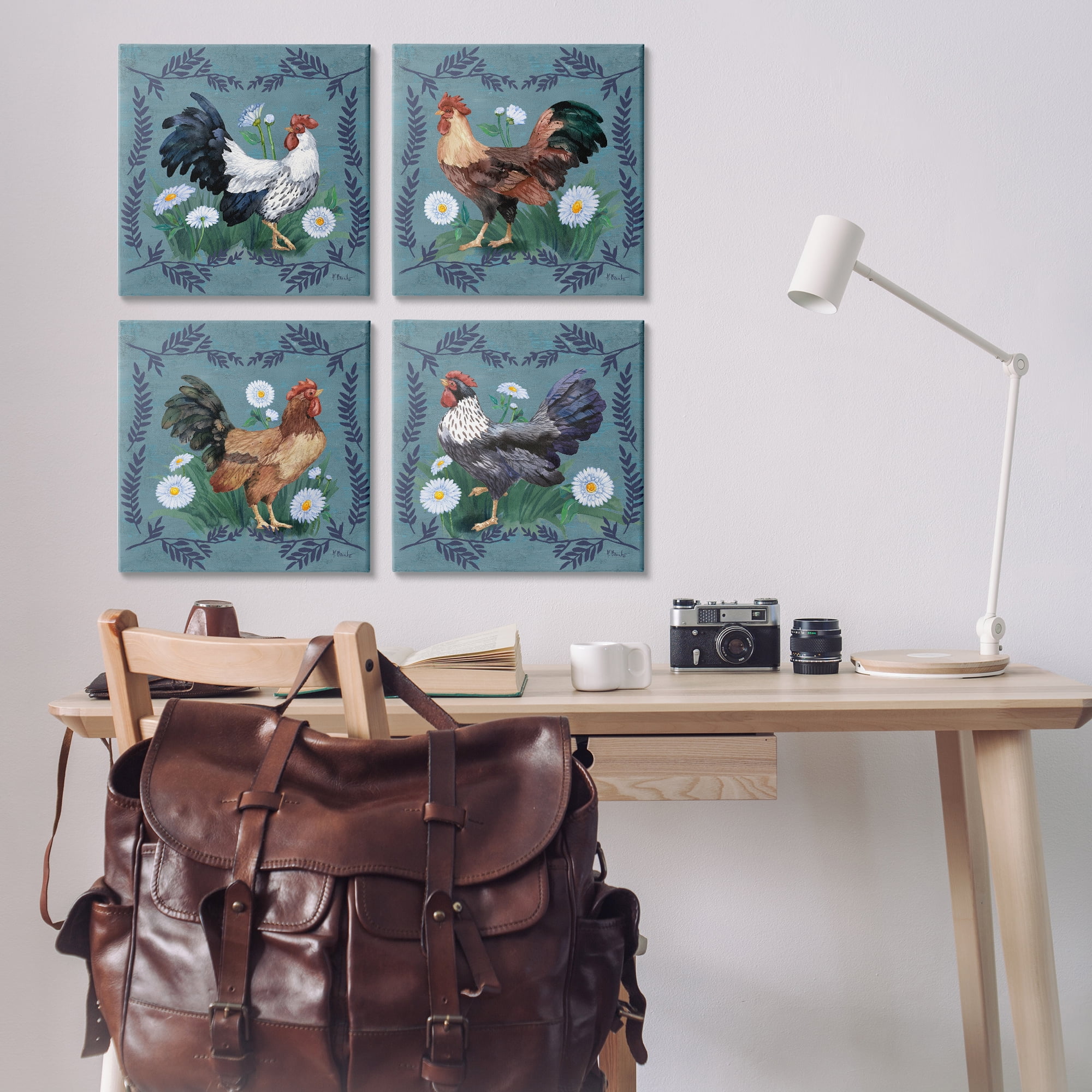 Stupell Industries Country Ferns & Roosters Animals Painting Wrapped Canvas Art Print Wall Art, 17 x 17, Set of 4