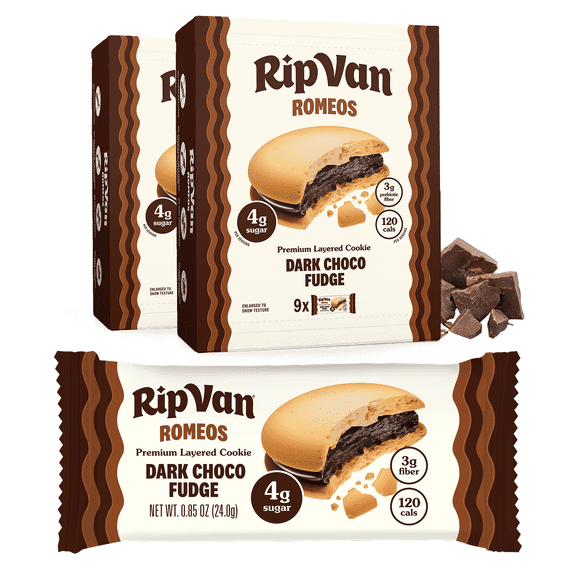 Rip Van Keto Dark Chocolate Fudge Cookies, Low Sugar, Healthy Snack, 2 Packs (18 Count)