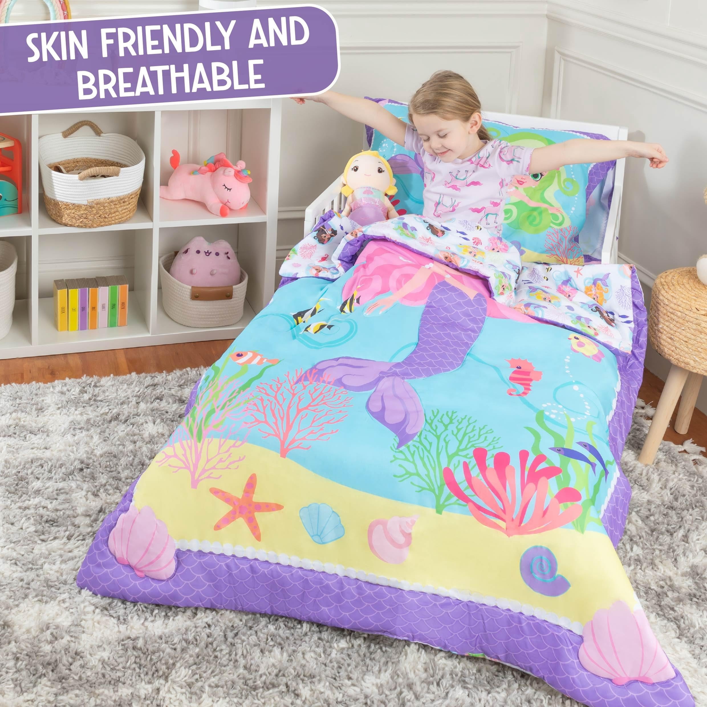 Todays Kids Mermaids Toddler Bedding Set for Girls - 4-Piece Toddler Bed Sheets and Comforter Set, Reversible Comforter & Pillowcase, Flat Sheet, Fitted Sheet, Breathable & Super Soft Microfiber