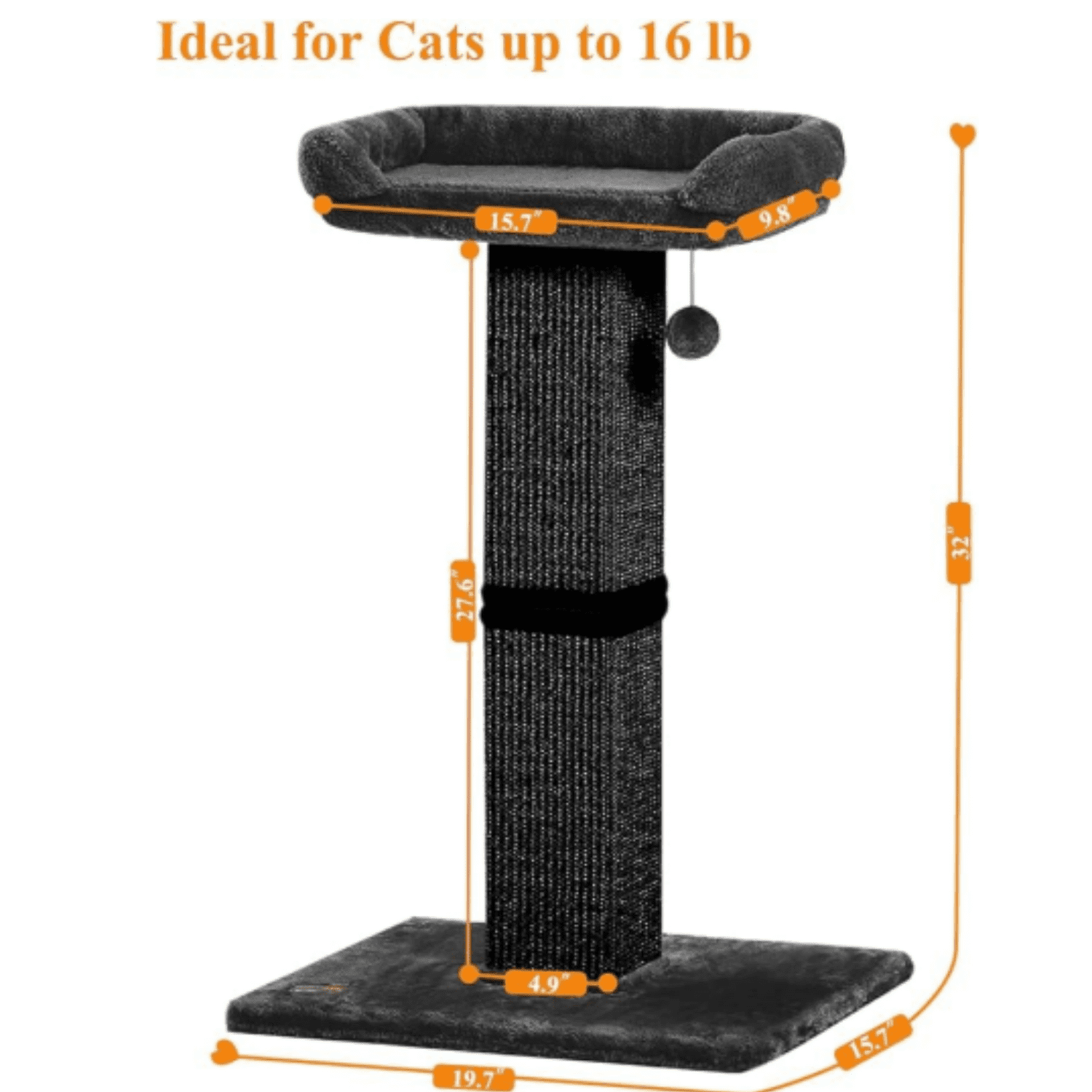 32" Cat Scratching Post for Indoor Cats, Sisal Cat Scratcher with P Perch, Large Scratch Post with Bed, Removable Cover, Sisal Fabric,Black