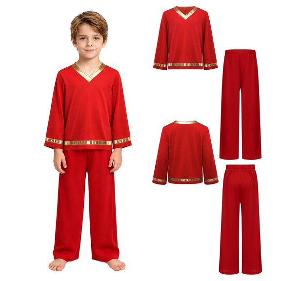 Aislor Boys Praise Dance Outfits Liturgical Worship Pullover Top with Wide Leg Pants Bottom for Themed Party Red 16