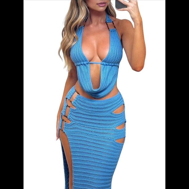 Vestido de Punto Calado de Dos Piezas para Mujer, con Protección Solar, Camiseta Sin Mangas y Falda, Conjunto de Verano Azul M