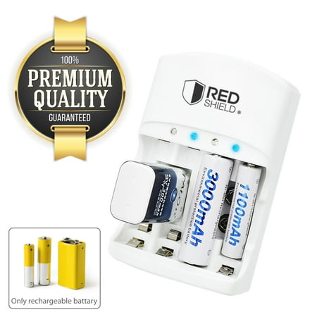 Varistor Circuit Protection - RED SHIELD Battery Charger with LED Status Lights for 9V, AA, AAA, Ni-MH, Ni-CD, and Li-Ion Rechargeable Batteries. Intelligent Power Technology, Short Circuit Protection, and Worldwide Compatible.