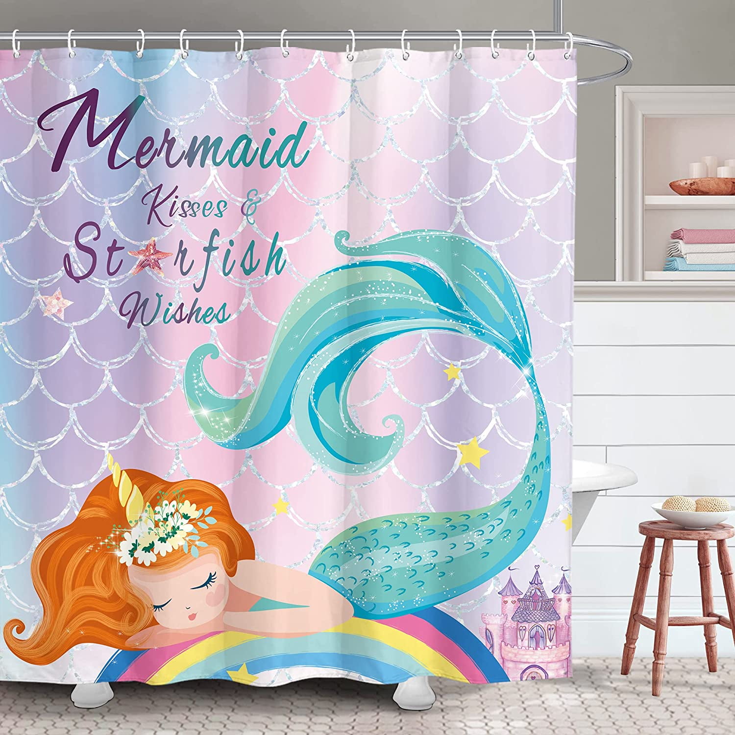 Sonernt Mermaid Tail Scale Little Girls Bathroom Shower Curtain
