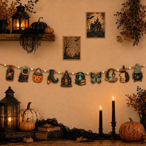 Halloween Retro Space Ornament Wooden Garland Mantel Party Decor