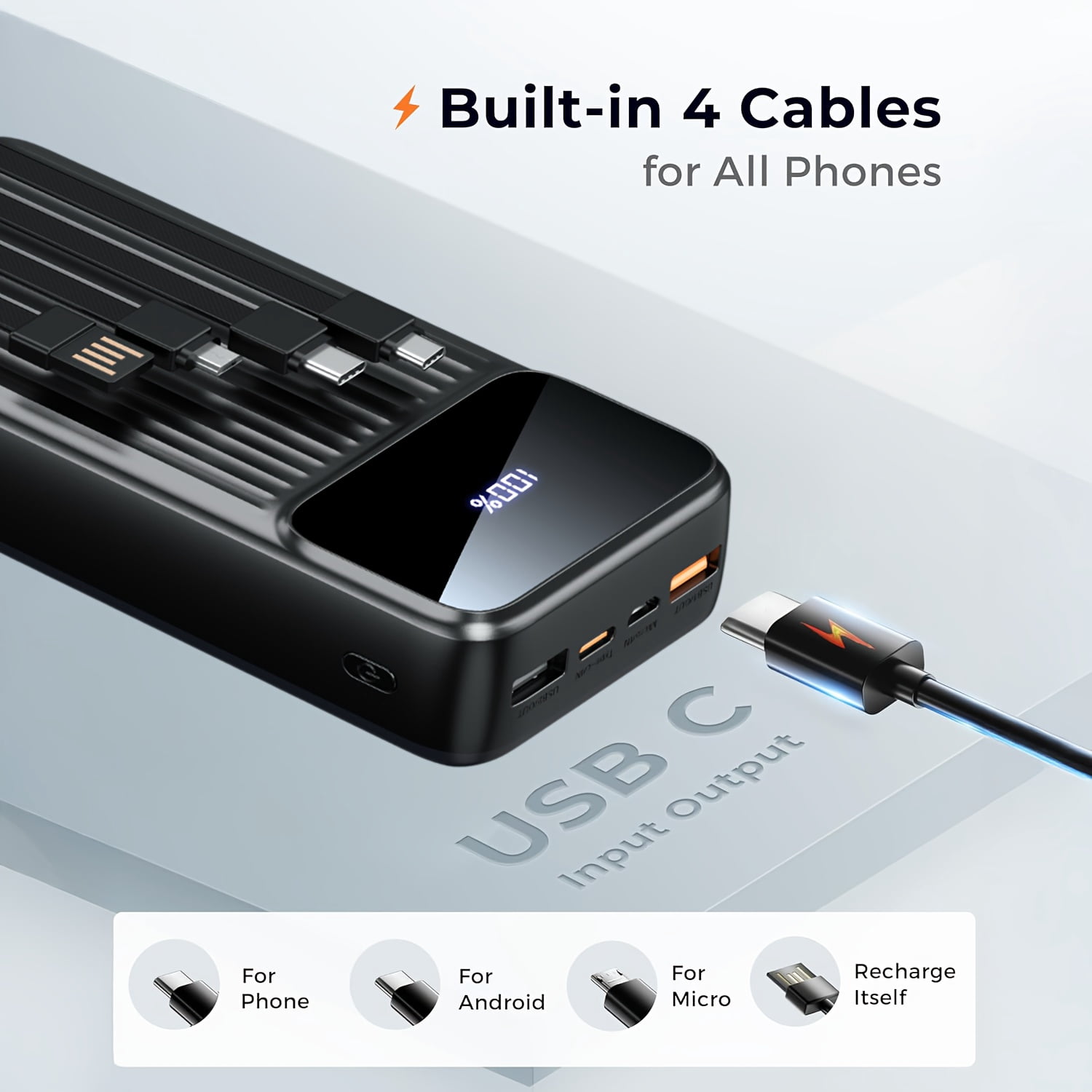 20000mAh Portable Charger Power Bank Battery Pack | 22.5W Fast Charging PowerBank with Built In 4 Cables, Travel Camping Essential USB-C Portable Phone Charger for Phone Samsung Pixel Android (Black)