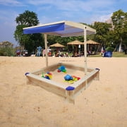 Kids Wood Sandbox with Adjustable Canopy, Wood Playset Outdoor Retractable Sandpit with Covers